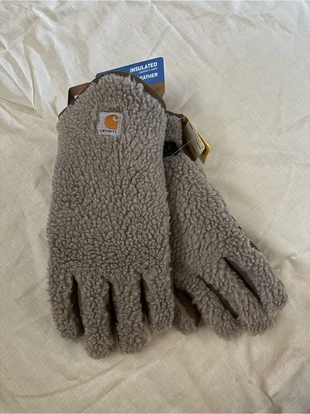 Carhartt Taupe Sherpa Fleece Mittens with Logo Patch